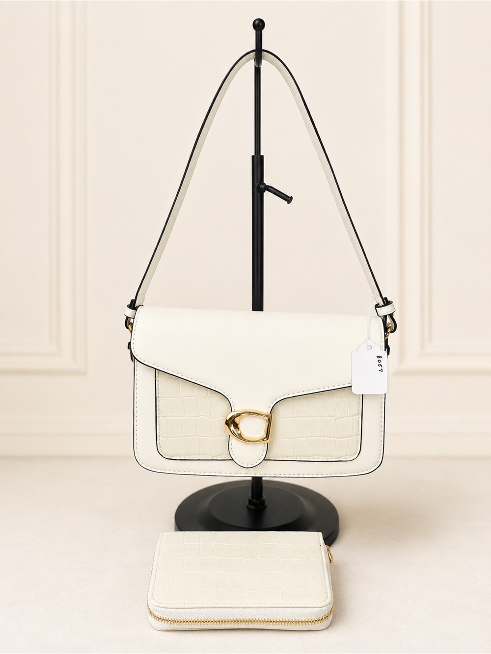Cream Shoulder Bag with Croc Panel and Gold Ring Hardware